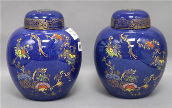 A pair of Wilton ware blue ground chinoiserie painted vases and cover overall height 20cm